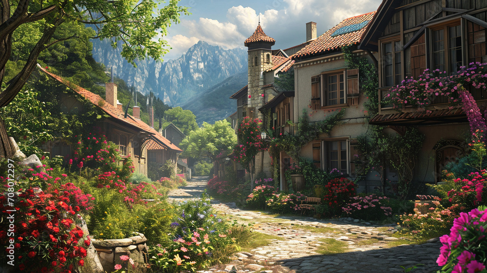 A picturesque village nestled in a valley of flowers, with quaint cottages and cobblestone streets