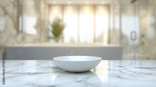 White bowl on white marble table in front of blurred living room background