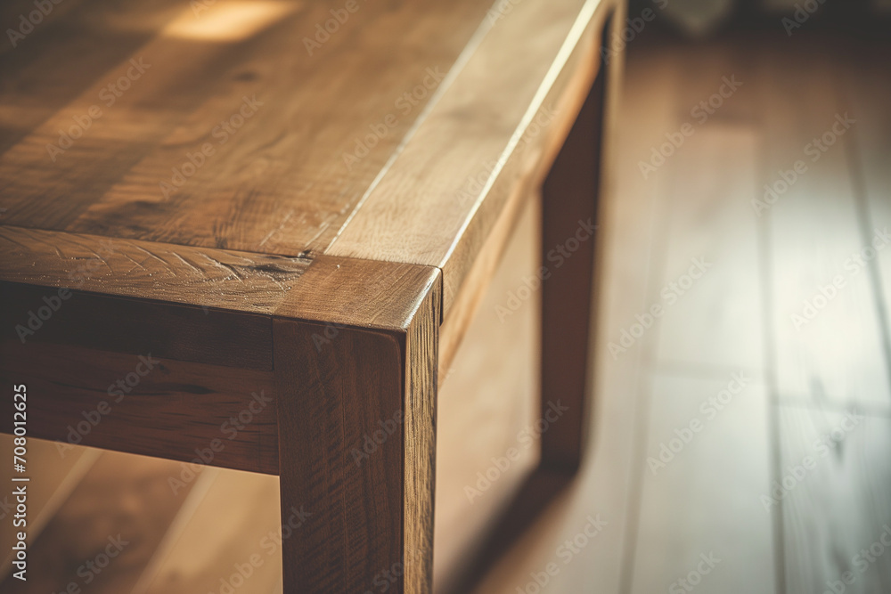 close-up view of a beautifully crafted wooden table, showcasing the rich textures and warm tones of the wood grain - obrazy, fototapety, plakaty 