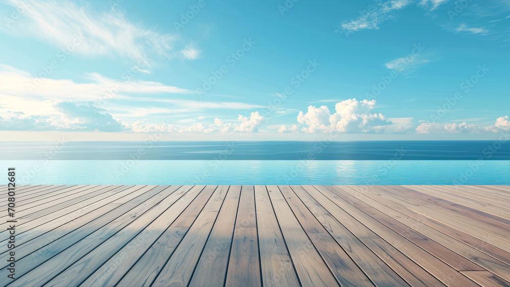 Wooden deck on the beach with blue sky and sea background.