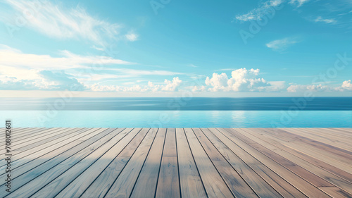 Wooden deck on the beach with blue sky and sea background. photo