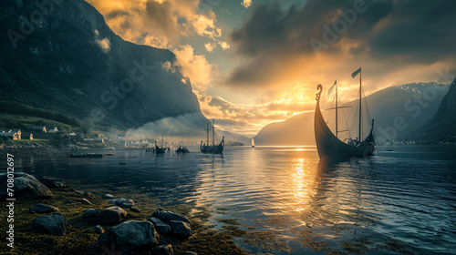 A powerful depiction of a Viking raid with longships approaching a coastal village at dawn.