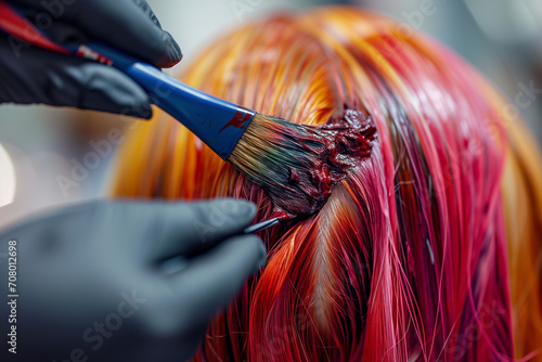 Artistry in Hair Coloring: Vibrant Red Dye on Strands of Golden Hair photo