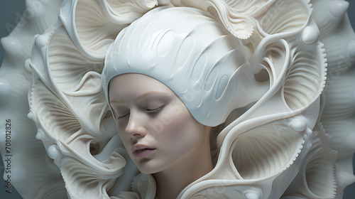 Surrealistisches Portrait einer Frau in heller muschelartiger Struktur, geschlossene Augen - ätherische Stimmung. Abstrakte Illustration