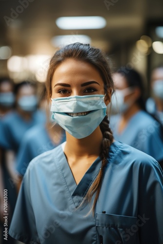 Happy healthcare workers wearing surgical masks