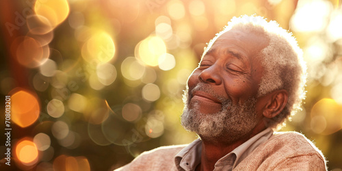 Happy black male man smiling in happiness taking deep breath for zen, health or spiritual wellness. Senior African American woman with healing energy light around her feeling good breathing calm peace photo