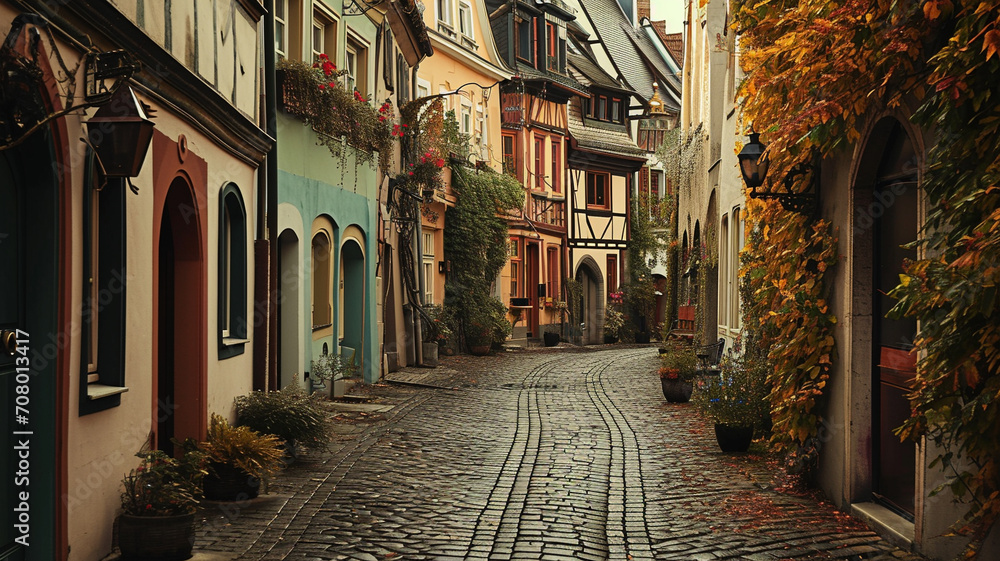 A quaint cobblestone street in a town where each building is a different pastel color