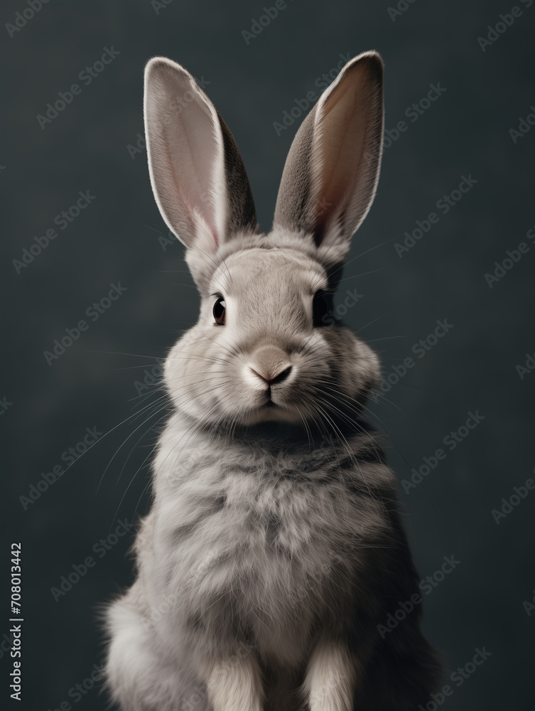 Portrait of a cute, fluffy Easter grey bunny on dark grey background. Close-up of adorable pet rabbit posing for camera. Portrait of a cute, fluffy Easter grey bunny on dark grey background. Close-up of adorable pet rabbit posing for camera.