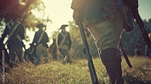 Photographie A revolutionary war scene with muskets bayonets and colonial soldiers