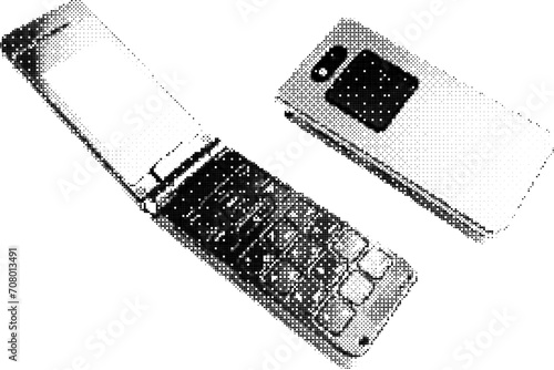 Classic retro flip mobile phone in 90s pixel style. Y2K aesthetic element retro cellphone