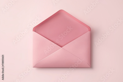 Pink open envelope on pink background. View from above. Gift card for newborn. Birthday. Valentines day card. Copy space. Mother day. photo