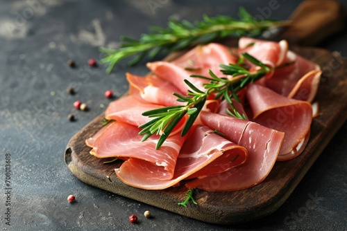 slices of tasty cured ham with decorated with rosmary photo