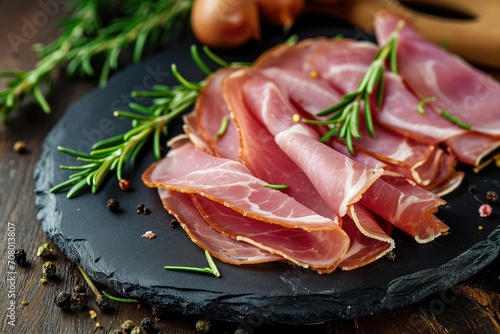 slices of tasty cured ham with decorated with rosmary