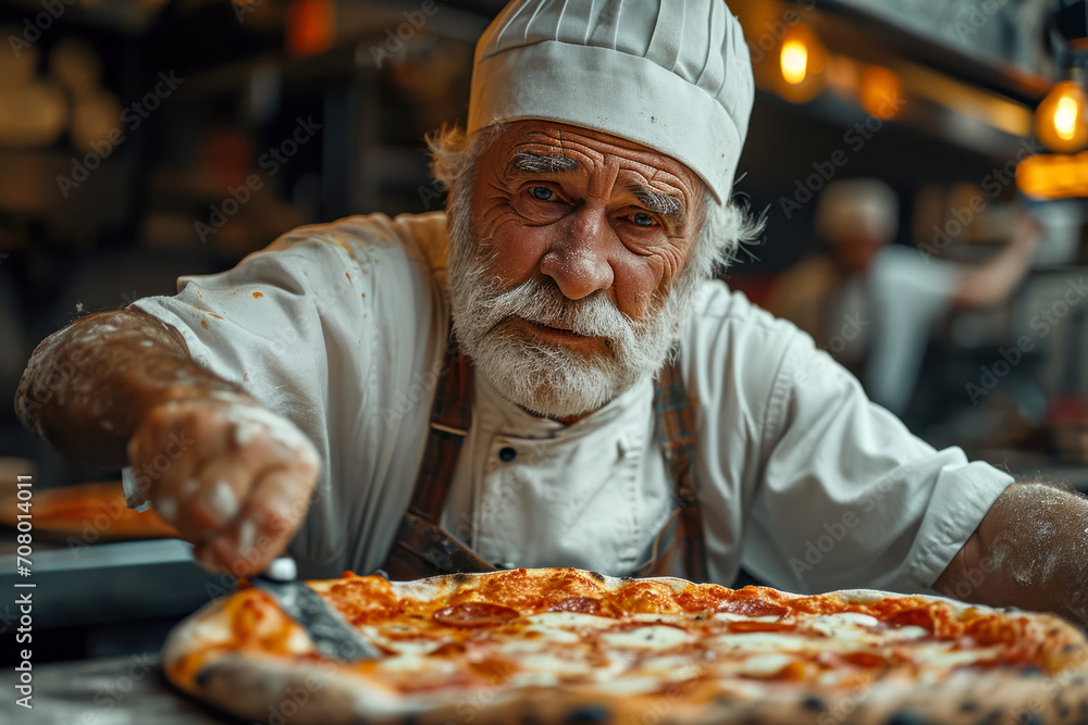 Portrait of a senior pizzeria chef, portrait of a chef at work, delivering fresh pizza, idea for a small local business concept