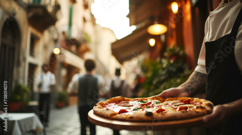 Idea for a restaurant menu, waiter serving pizza on a wooden tray in a cafe on a street in old Rome, selective focus on pizza, lunch concept with copy space photo