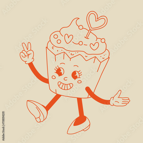 Valentine's Day set of funny vintage characters. Happy and cheerful retro. Old animation 60s 70s, groovy cartoon characters of coffee and sweets, donut, cupcake, espresso, latte, cocoa, cake. present.