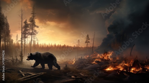 A poignant reminder of nature's ability to endure, as a brown bear confronts the flames.