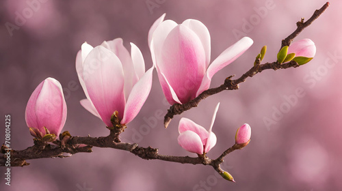 Blooming Elegance  Pink Spring Magnolia Flowers Branch in Soft Sunlight