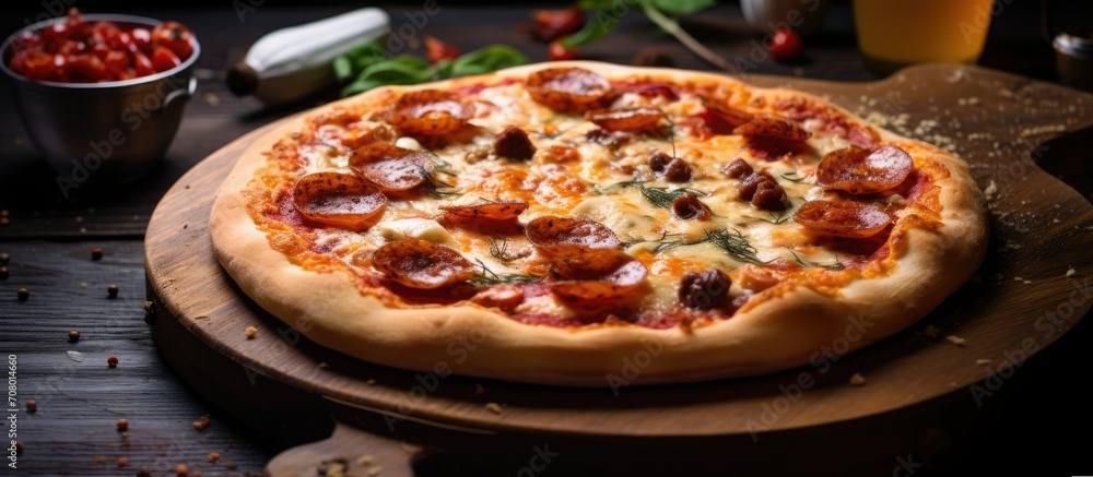 pizza sausage, tomato sauce, cheese Menu concept on table. pizza sausage, tomato sauce, cheese Menu concept on table.