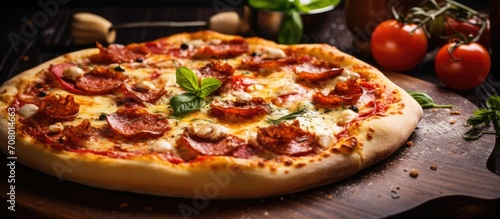 pizza sausage, tomato sauce, cheese Menu concept on table.
