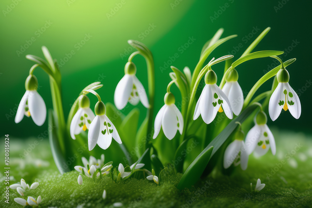 Blooming snowdrops on a green background. White spring flowers.