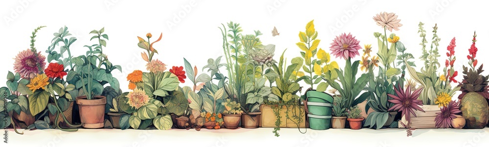 Flowers in pots home plants flat illustration banner green leaves yellow, blue, pink flowers botanical spring floral design ceramic flowerpots, hydrangea, lily, narcissus, tulip - obrazy, fototapety, plakaty 