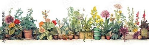 Flowers in pots home plants flat illustration banner green leaves yellow, blue, pink flowers botanical spring floral design ceramic flowerpots, hydrangea, lily, narcissus, tulip