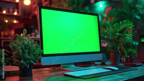 Desktop with green screen in an office photo
