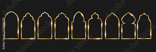 A set of linear golden arches on a black background. Vector illustration. Isolated openings in Islamic, Arabic, Muslim style. Mosque gates, windows, buttons.