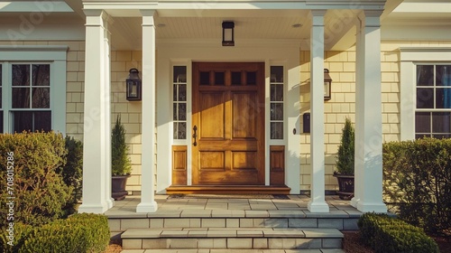 Main entrance door in house. Wooden front door with gabled porch and landing. Exterior of Georgian style home cottage with columns. © Esha