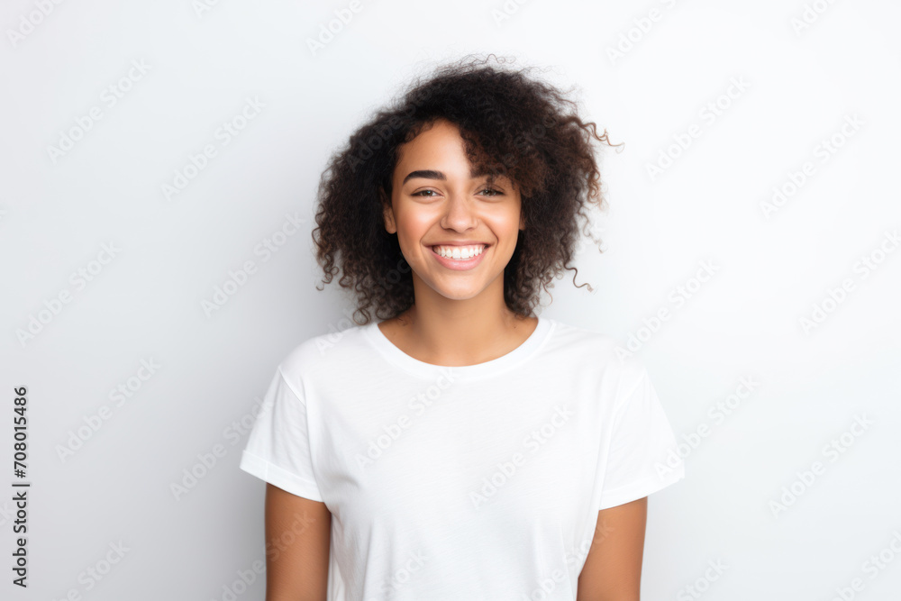 Joyful Young Woman in Close-up on White Background
