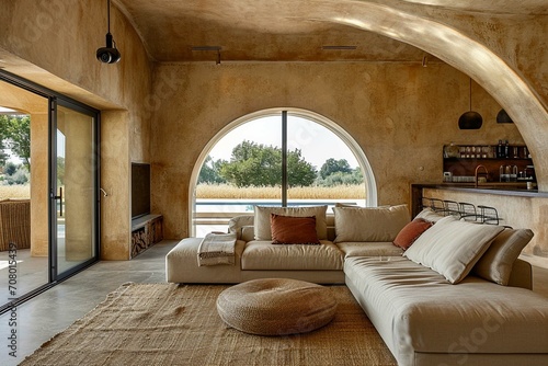 Mediterranean interior design of modern living room with beige sofa and arched wall with stucco and sandstone wall finishes © Esha