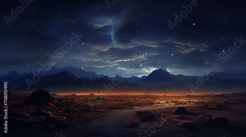 a vast desert under the clear, starlit night sky, with the myriad of stars casting a soft glow over the barren landscape, creating a surreal and enchanting 