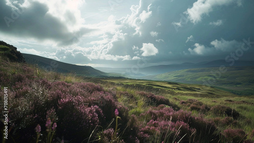 A sweeping vista of a highland moor with heather and a cloudy sky