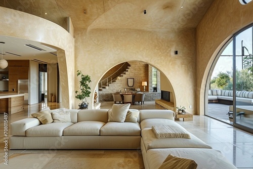 Mediterranean interior design of modern living room with beige sofa and arched wall with stucco and sandstone wall finishes