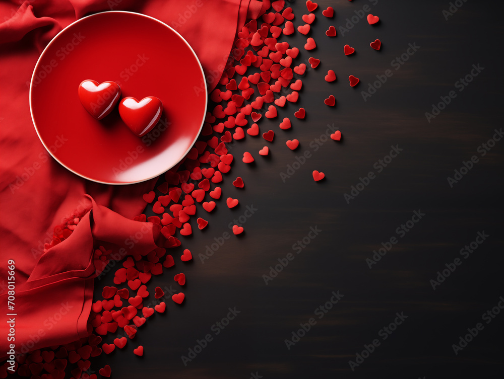 Blat z talerzem, na którym leżą czerwone serca, jest centralnym punktem koncentracji, podczas gdy mniejsze serduszka rozproszone na boku dodają delikatności i romantycznego klimatu. - obrazy, fototapety, plakaty 