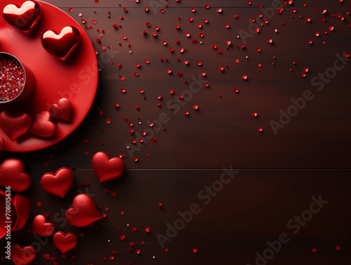 Blat z talerzem, na którym leżą czerwone serca, jest centralnym punktem koncentracji, podczas gdy mniejsze serduszka rozproszone na boku dodają delikatności i romantycznego klimatu.
