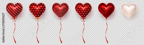 3d realistic glossy romantic red and golden heart balloons on transparent background. Colorful three dimensional shiny helium balloons in heart shape for Valentine's Day celebration