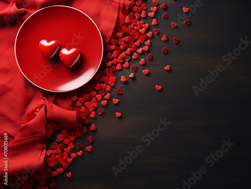 Blat z talerzem, na którym leżą czerwone serca, jest centralnym punktem koncentracji, podczas gdy mniejsze serduszka rozproszone na boku dodają delikatności i romantycznego klimatu.