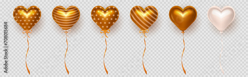 Collection of 3d glossy romantic golden and beige heart balloons with various pattern for Valentine's Day celebration. Colorful three dimensional foil balloons in heart shape on transparent background
