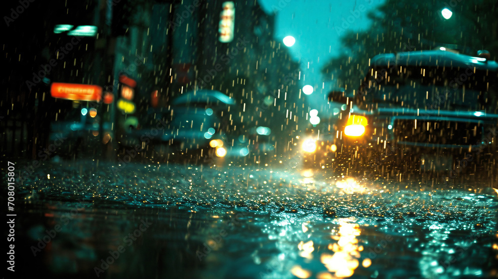 A torrential downpour in an urban setting with streets flooded and rain visible in the streetlights glow.
