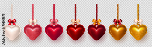 Big set of realistic three dimensional red, golden, pink and white puffy heart baubles hanging on chain with silk bow. 3d glossy heart pendant, garland as decoration element for Valentines Day event