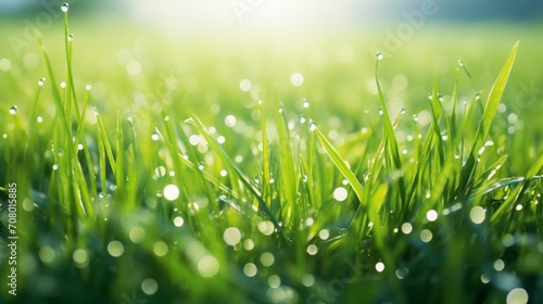 a vibrant green field, its surface adorned with dewdrops, capturing the freshness of the morning, with the sunlight casting long, soft shadows across the grass.