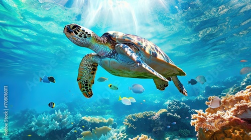 A sea turtle gracefully swims near the ocean surface amidst colorful fish and vibrant coral reefs.