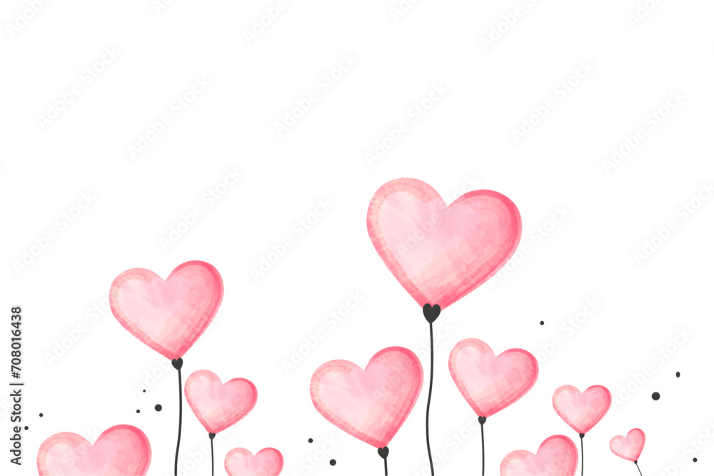 Background of pink watercolor hearts of flowers for congratulations on Valentine's Day. Design for decorating a wedding card. Vector illustration.