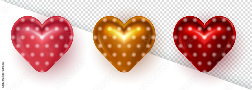 Realistic 3d puffy golden valentine heart with polka dot pattern on transparent background. Three dimensional symbol of love, passion, affection - glossy heart as decor element for Valentines Day Realistic 3d puffy golden valentine heart with polka dot pattern on transparent background. Three dimensional symbol of love, passion, affection - glossy heart as decor element for Valentines Day