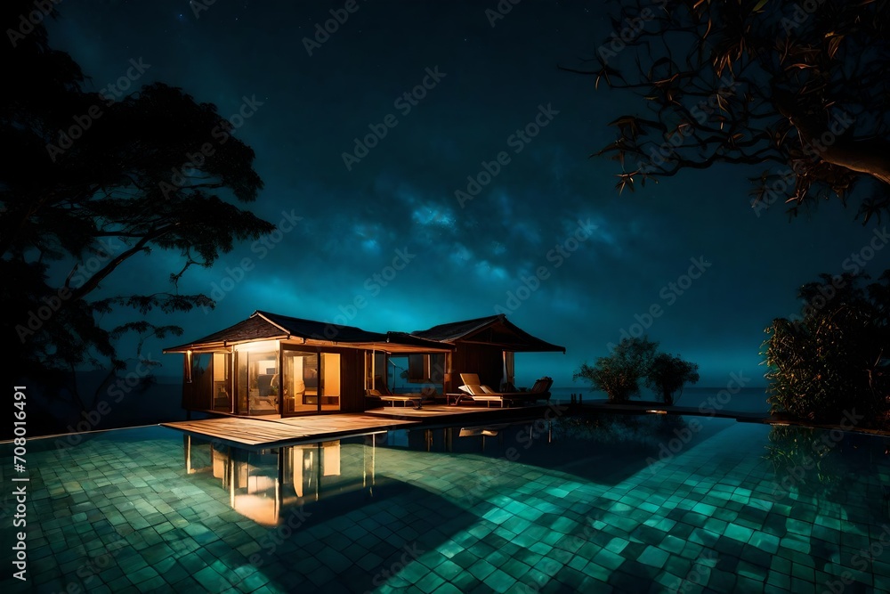 A cozy hut with swimming pool illuminated solely by the soft glow of fireflies, creating a magical ambiance. house in the night