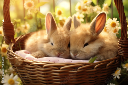 Two cute Easter bunnies rabbit sleep in basket surrounded by colorful easter eggs on green garden nature with flowers background on warming spring day. Symbol of easter day festival celebration