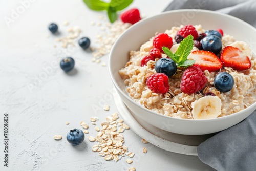 Oatmeal with berries in a white plate, copy space