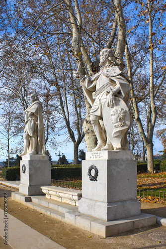 King statues near Royal Palace at Plaza de Oriente in Madrid, Spain